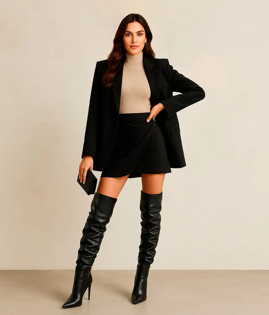 Soraya Over The Knee Boot Black Leather – worn by a model