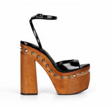 Myst Studded Wood Platform Sandal Black Patent Leather