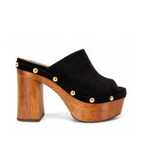 Mary Studded Wood Platform Mule Black Leather