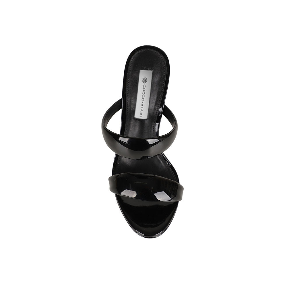 Alessandra platform mule in black patent leather, top view of the footbed