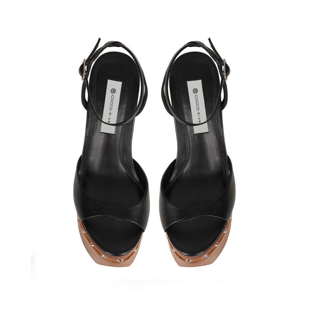 Myst Studded Wood Platform Sandal Black Leather