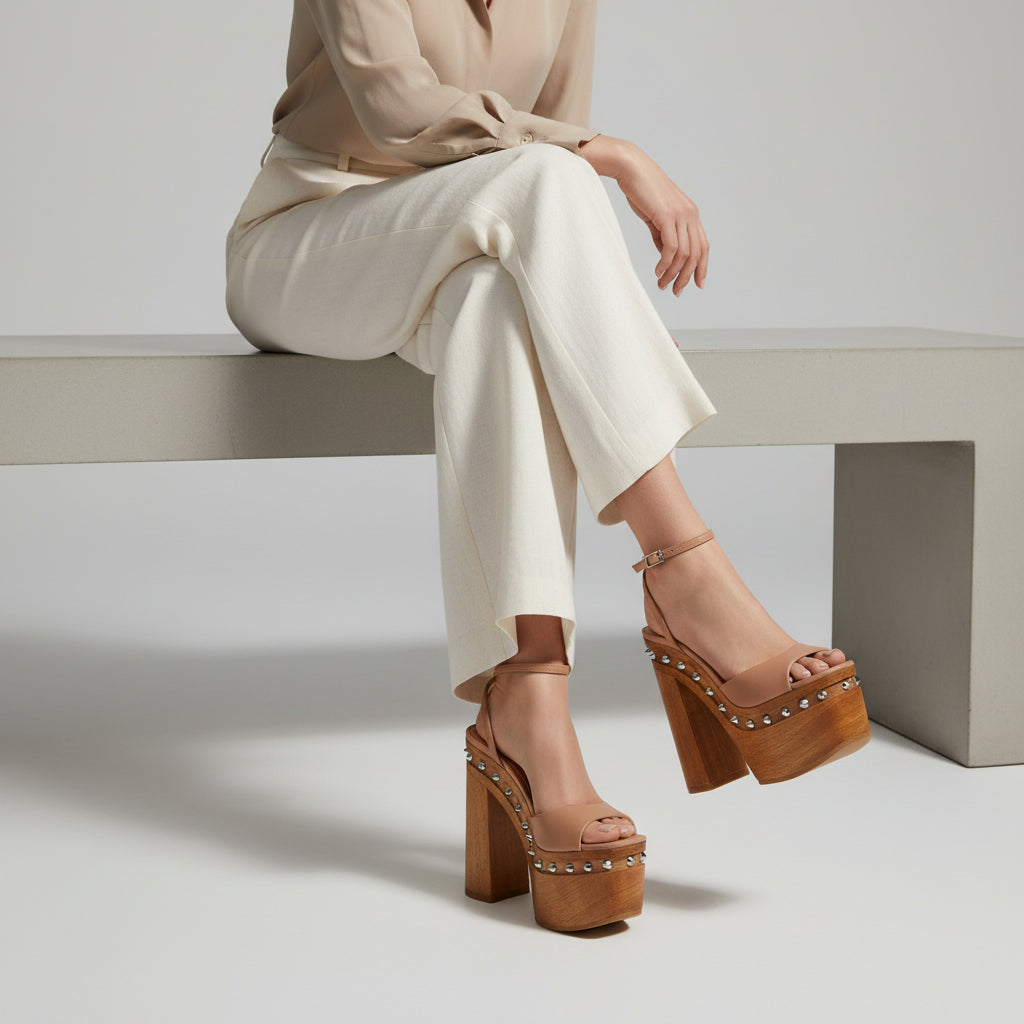 Myst Studded Wood Platform Sandal Nude Leather