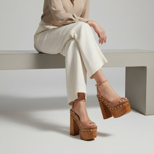 Myst Studded Wood Platform Sandal Nude Leather
