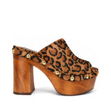 Mary Studded Wood Platform Mule Leopard Hair-On Leather