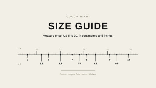 Cocco Miami size guide: a ruler in centimeters with US shoe sizes 5 through 10 marked at their true positions