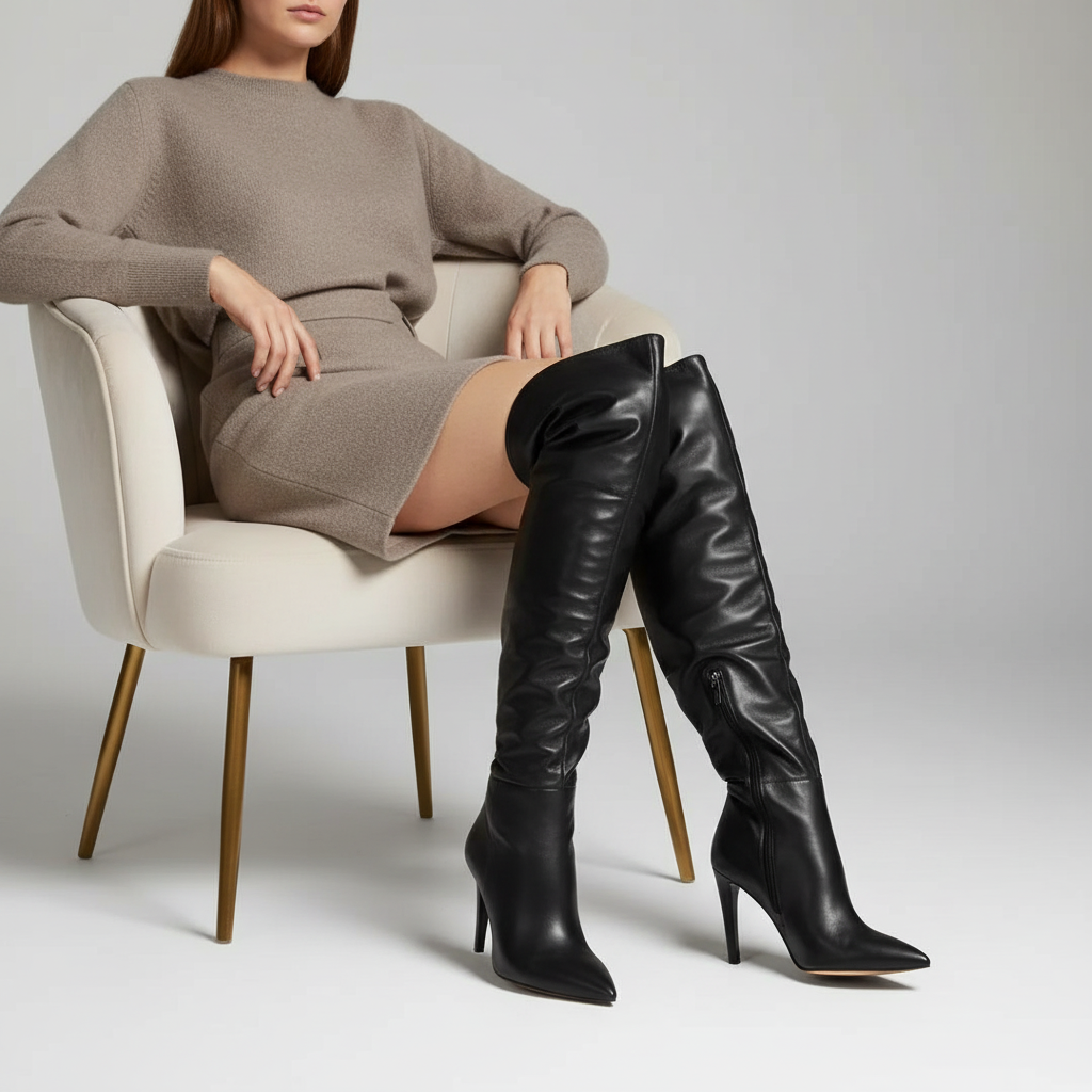 Simone Over The Knee Boot Leather Black worn by a model