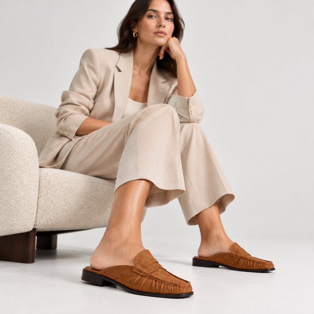 Milano Mule Almond Suede worn by a model