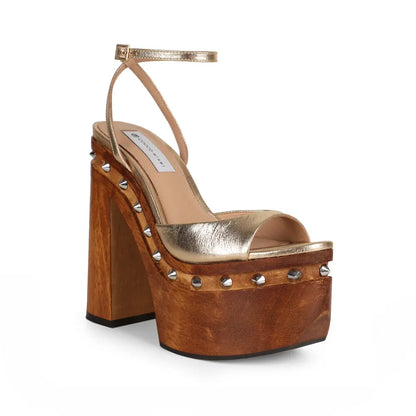 Myst Studded Wood Platform Sandal Gold Leather – view 3