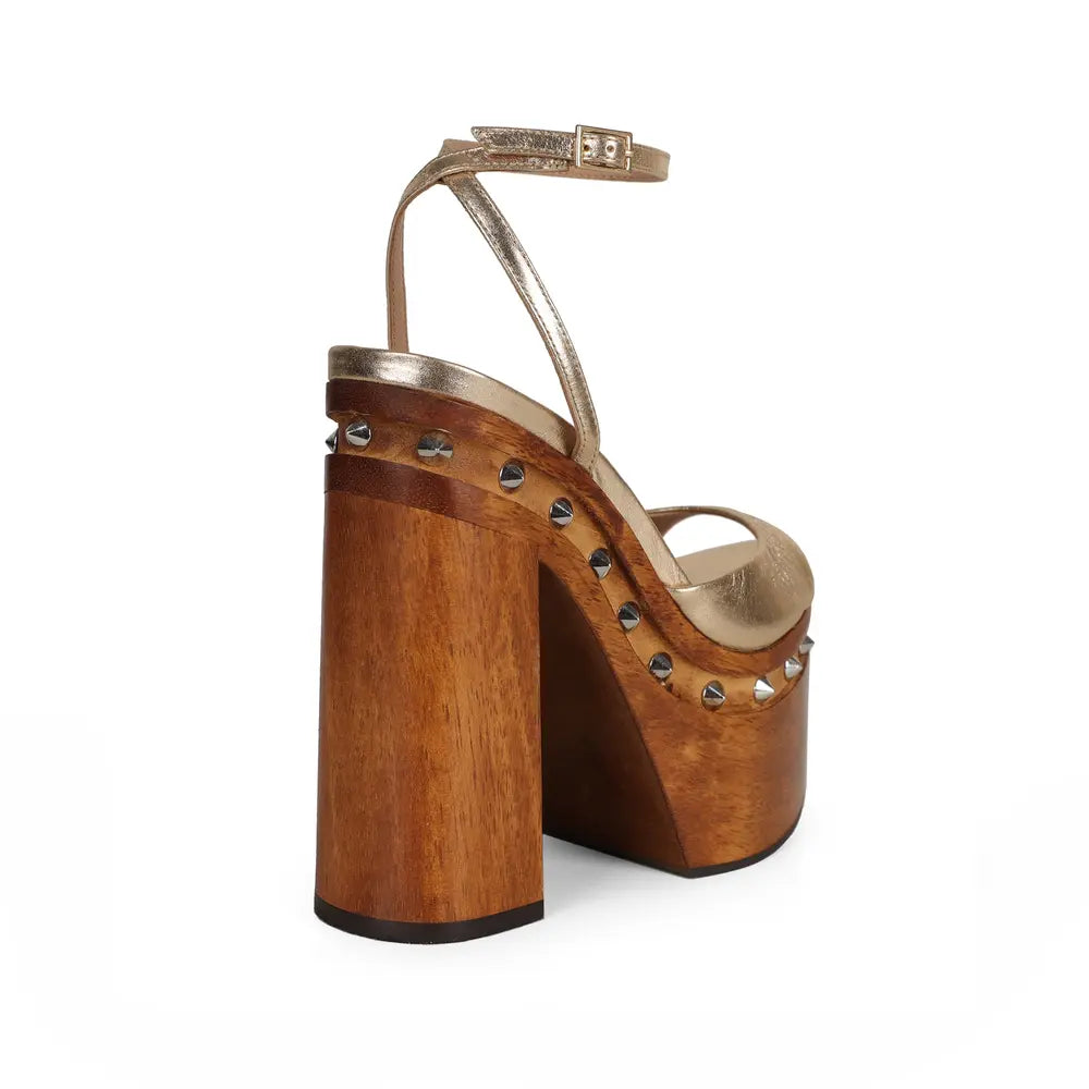 Myst Studded Wood Platform Sandal Gold Leather – view 5