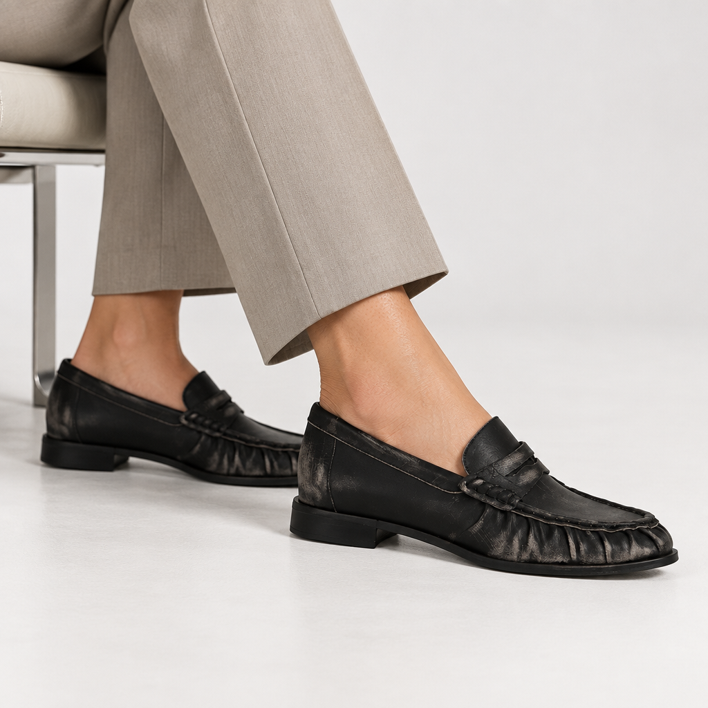Martina Loafer Black Distressed Leather – worn by a model