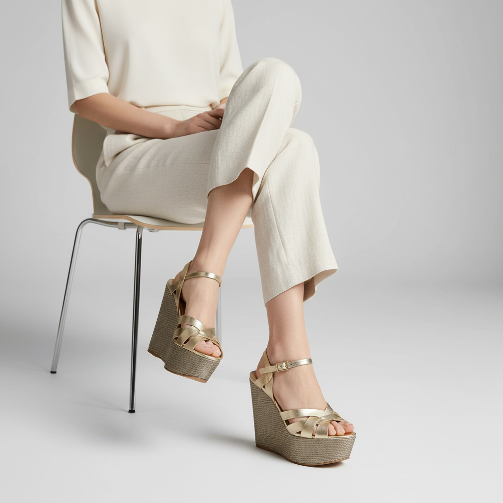 Tainara Wedge Gold Leather worn by a model