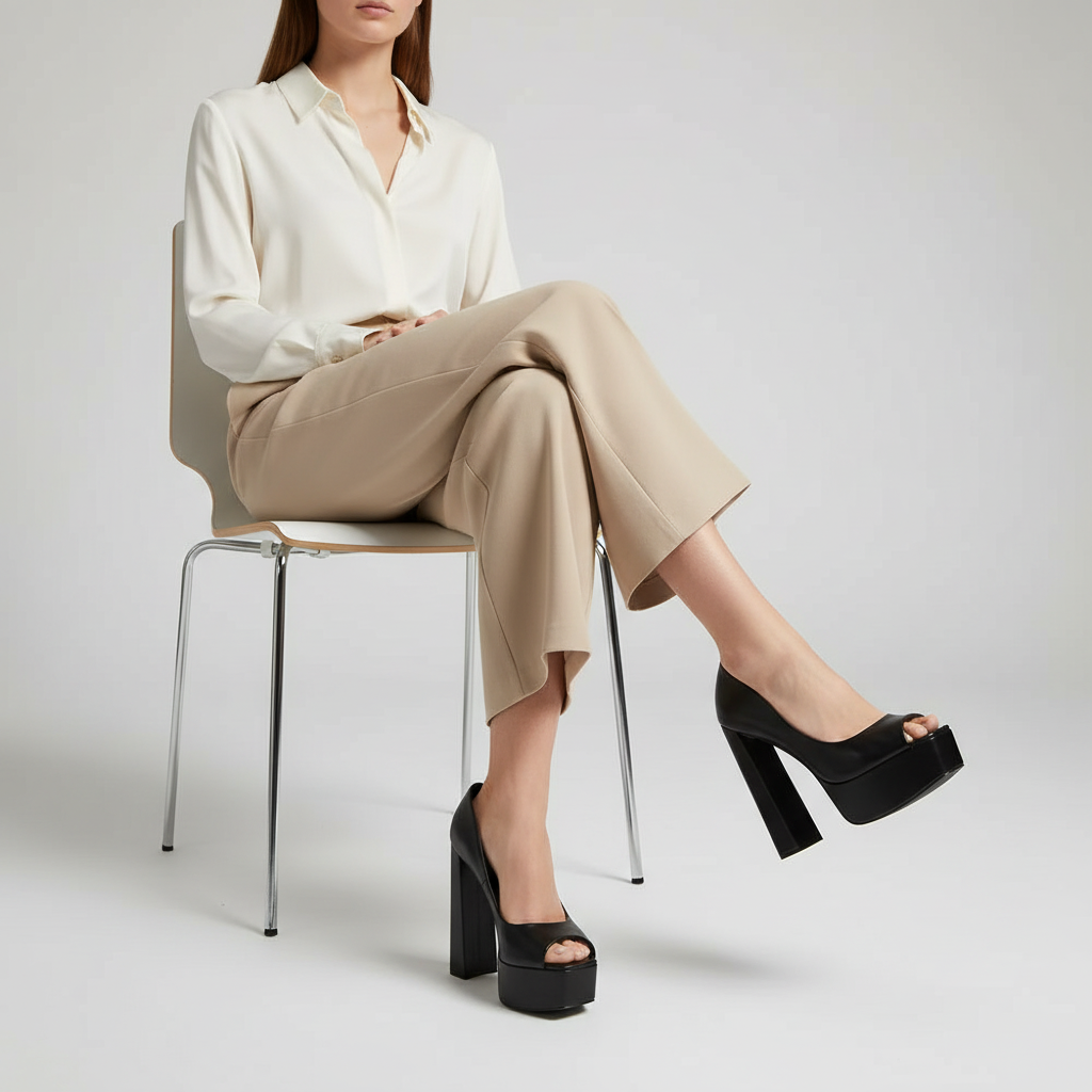 Parker Peep Toe Leather Black worn by a model
