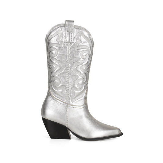 Bota West de piel metalizada plateada
