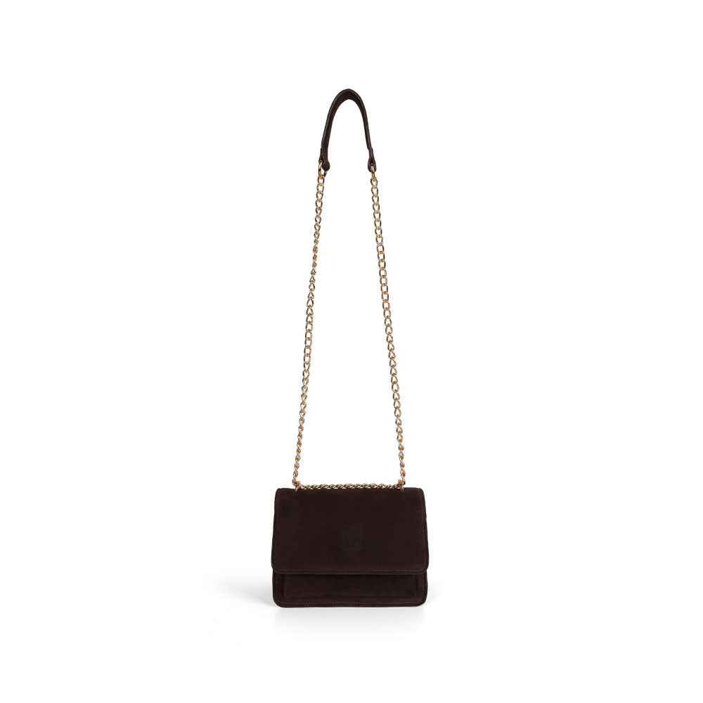 Blair brown suede bag hanging from its gold-tone chain strap