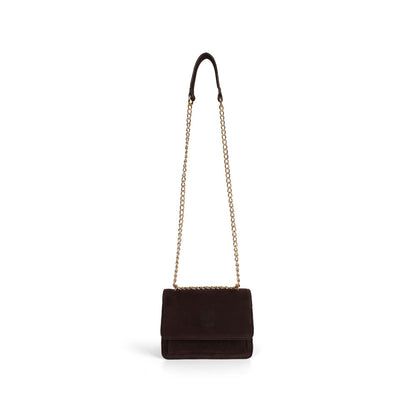 Blair brown suede bag hanging from its gold-tone chain strap