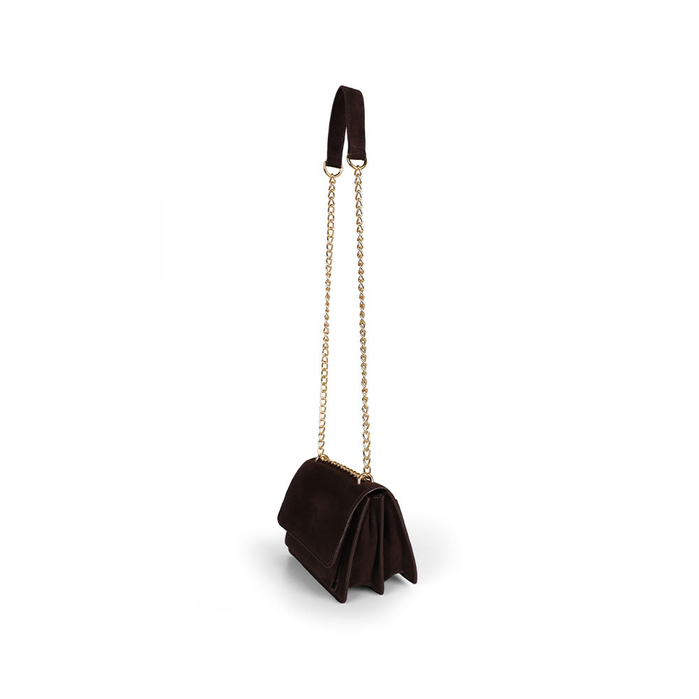 Blair brown suede bag, side view showing the gusseted body