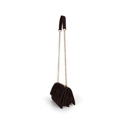 Blair brown suede bag, side view showing the gusseted body