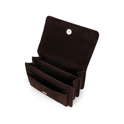 Blair brown suede bag open, showing the built-in compartments