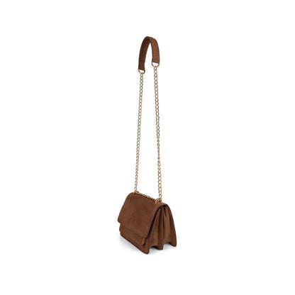 Blair cognac suede bag, side view showing the gusseted body