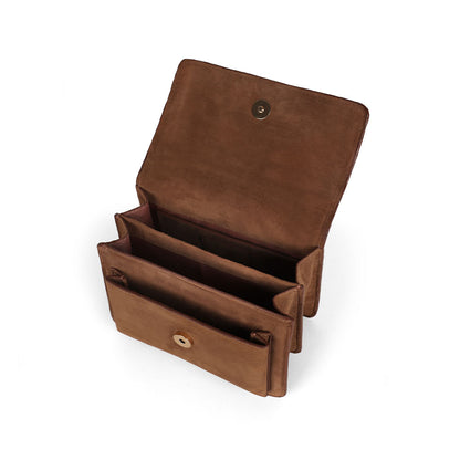 Blair cognac suede bag open, showing the built-in compartments