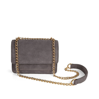Blair gray suede bag with gold-tone chain, front view