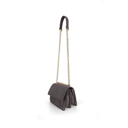 Blair gray suede bag, side view showing the gusseted body