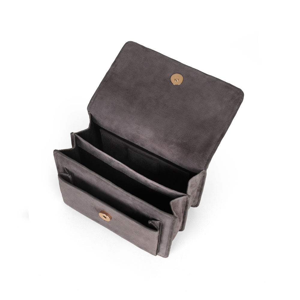 Blair gray suede bag open, showing the built-in compartments