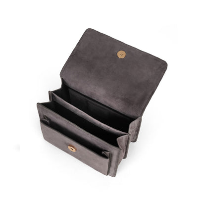 Blair gray suede bag open, showing the built-in compartments