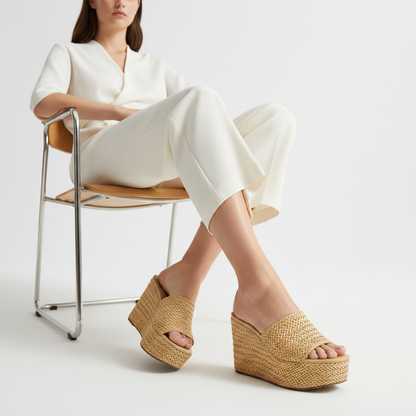 Darina Platform Sandal Natural Braided worn by a model
