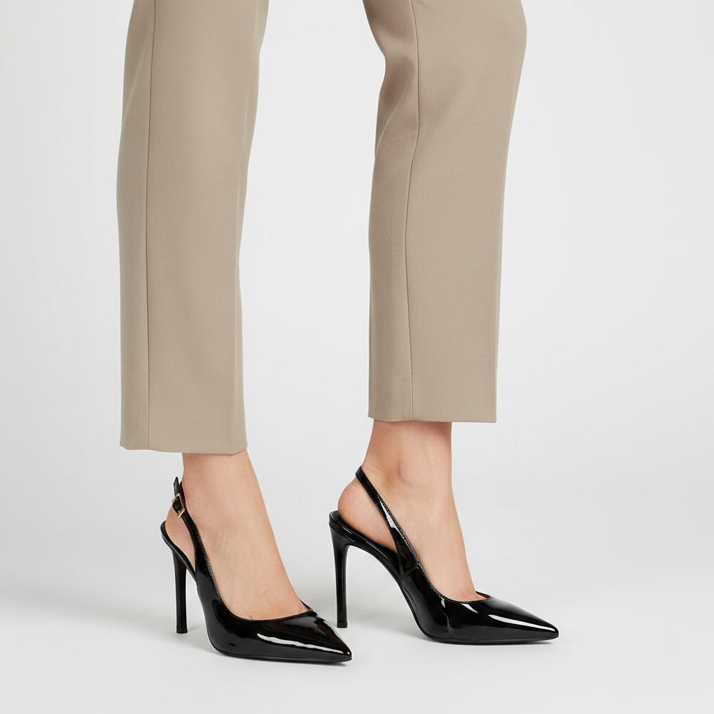 Fran Slingback Pump Black Patent Leather worn by a model