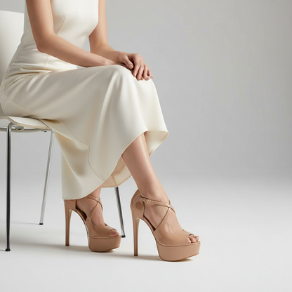 Hellen Platform Sandal Nude Patent Leather worn by a model