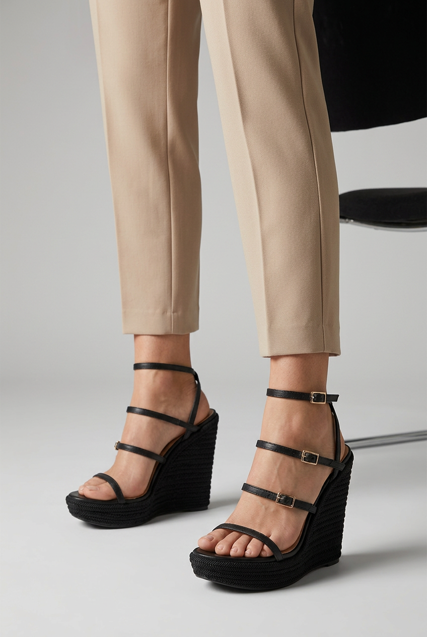 Jessica Wedge Sandals Black Leather