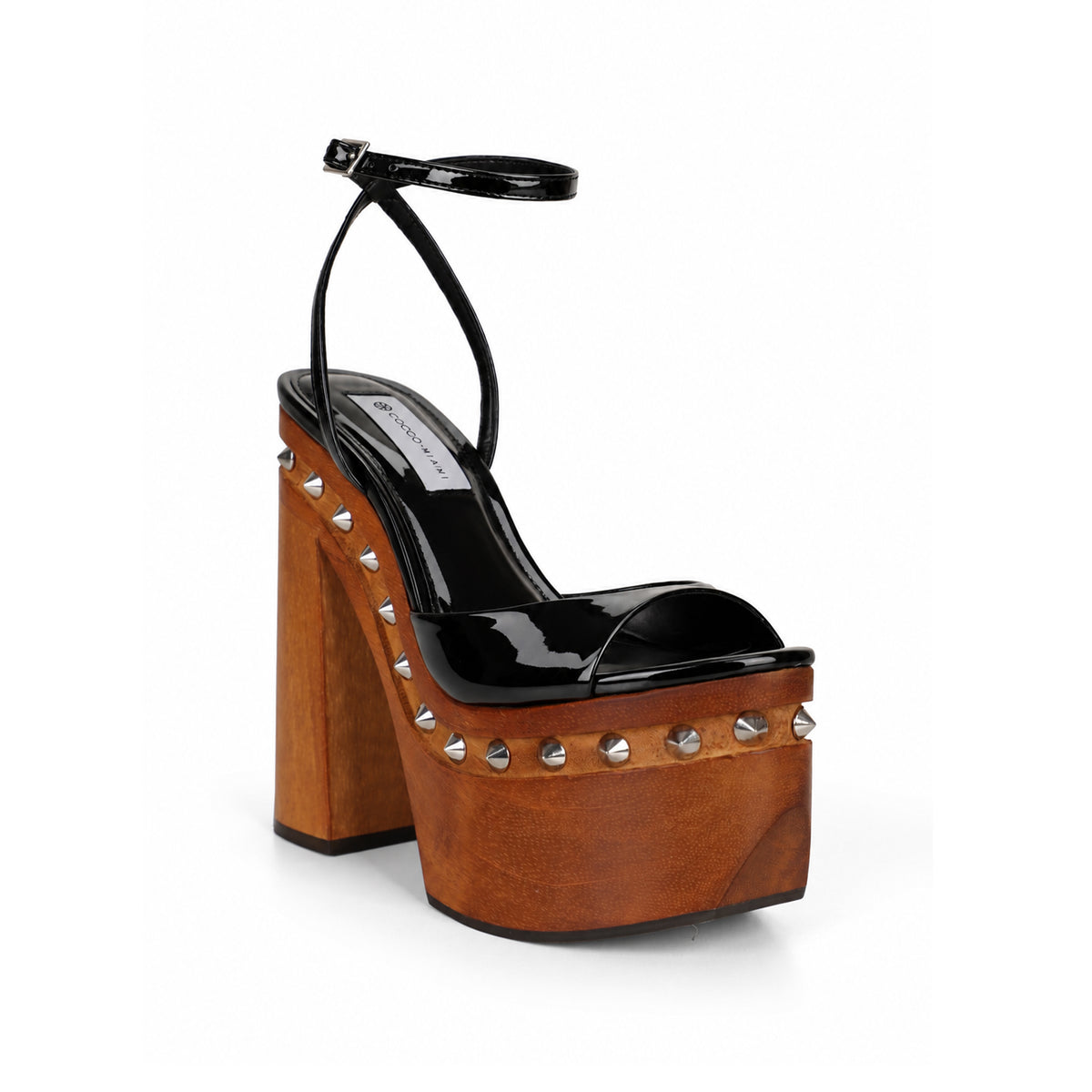 Myst Studded Wood Platform Sandal Black Patent Leather