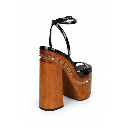 Myst Studded Wood Platform Sandal Black Patent Leather