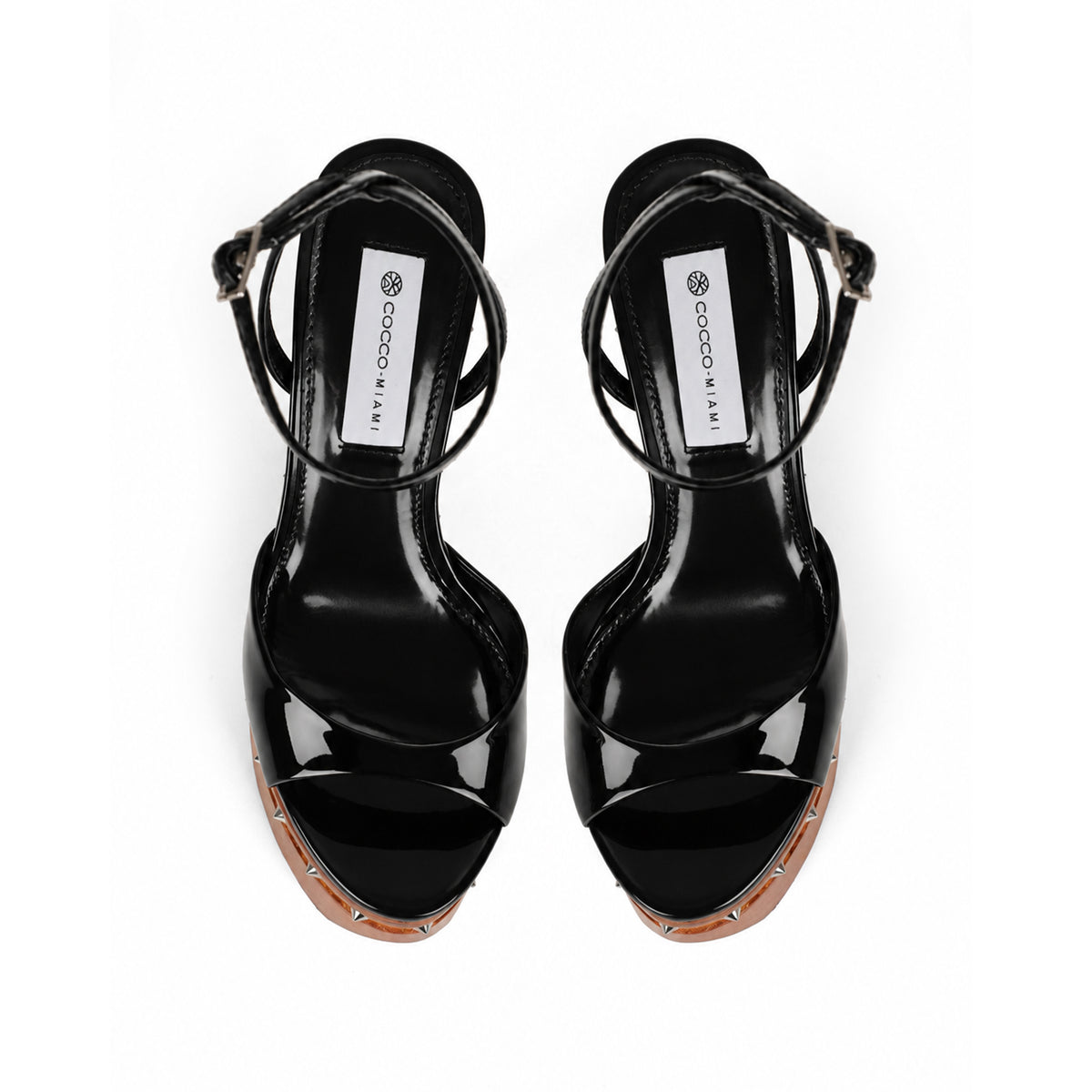 Myst Studded Wood Platform Sandal Black Patent Leather
