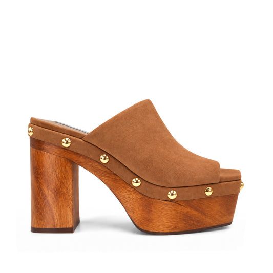 Mary Studded Wood Platform Mule Nude Leather