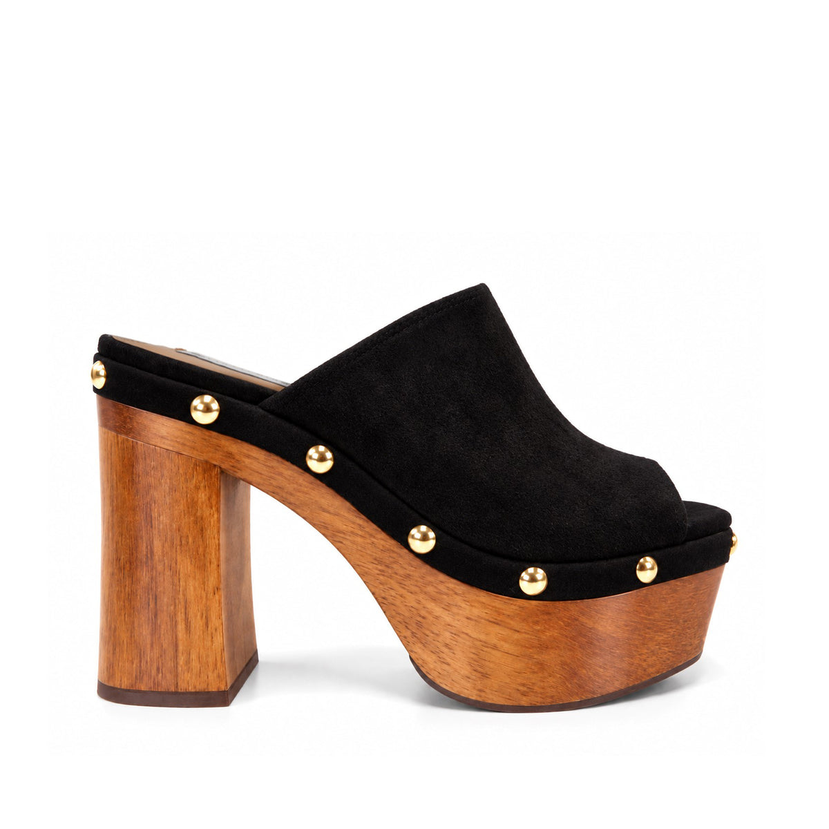 Mary Studded Wood Platform Mule Black Leather