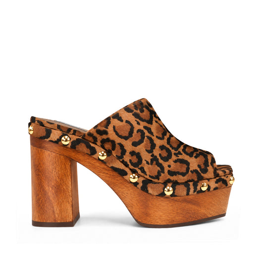 Mary Studded Wood Platform Mule Leopard Hair-On Leather