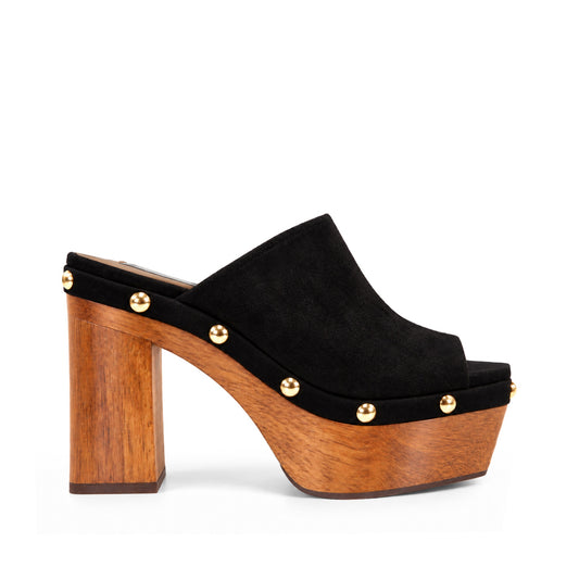 Mary Studded Wood Platform Mule Black Leather