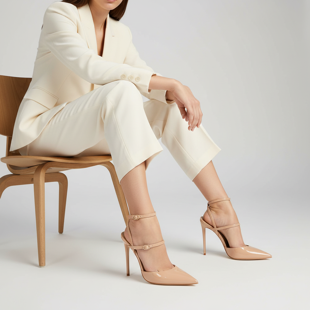 Miranda Slingback Pumps Nude Patent Leather worn by a model