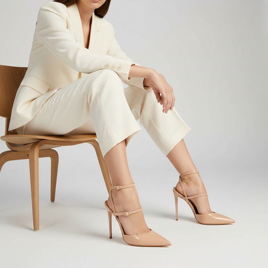 Miranda Slingback Pumps Nude Patent Leather worn by a model