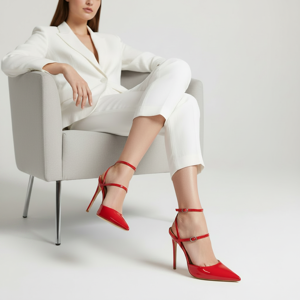Miranda Slingback Pumps Red Patent Leather worn by a model