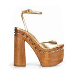 Myst Studded Wood Platform Sandal Gold Leather