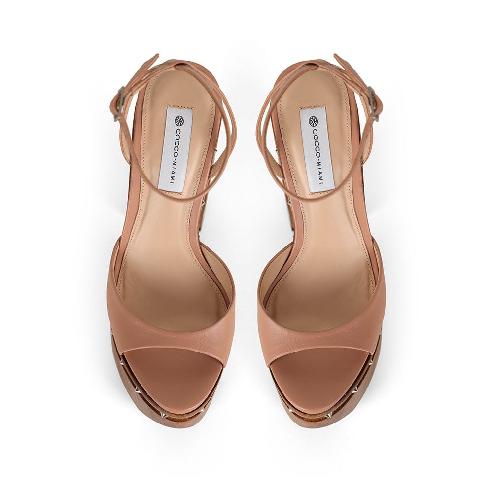 Myst Studded Wood Platform Sandal Nude Leather