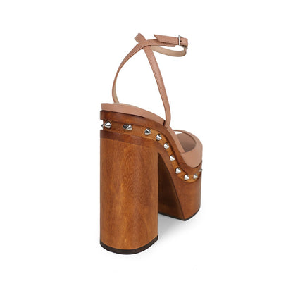 Myst Studded Wood Platform Sandal Nude Leather