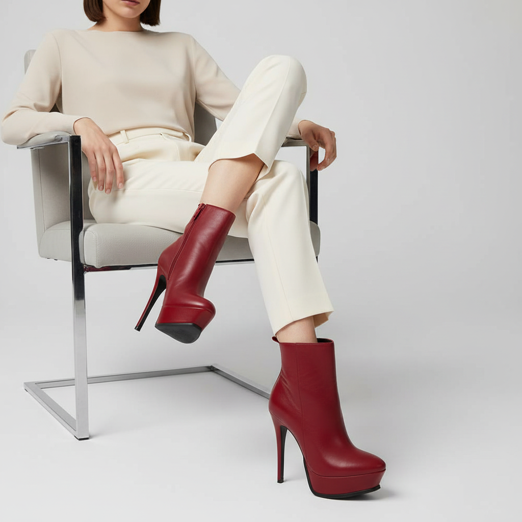 Scarlett Boot Red Leather worn by a model
