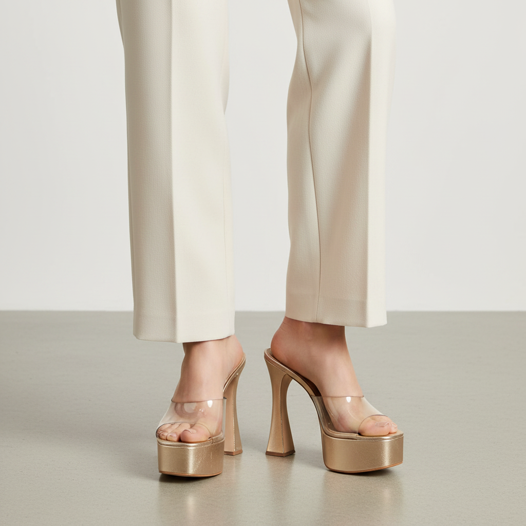 Valentina Platform Mule Gold Metallic Leather worn by a model