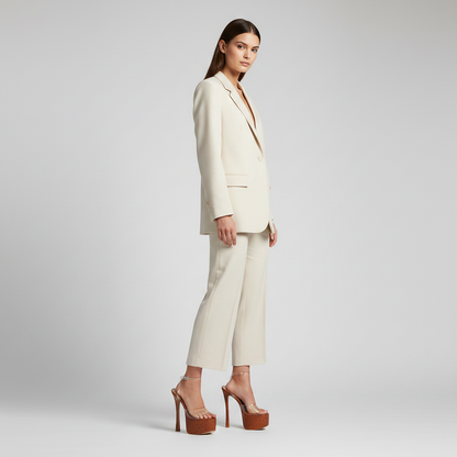 Venus Platform Sandal Tan Leather worn by a model