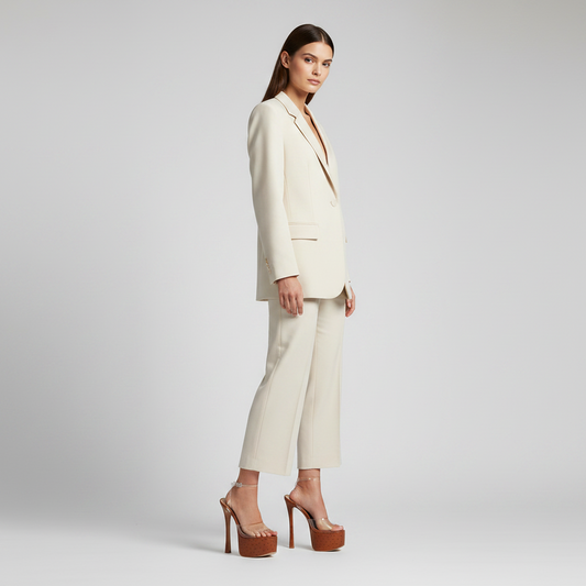 Venus Platform Sandal Tan Leather worn by a model