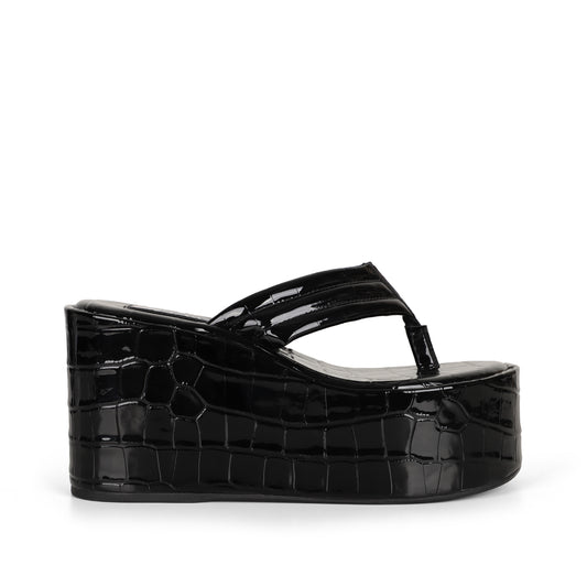 Vitani Wedge Sandal Black Patent Croco Leather